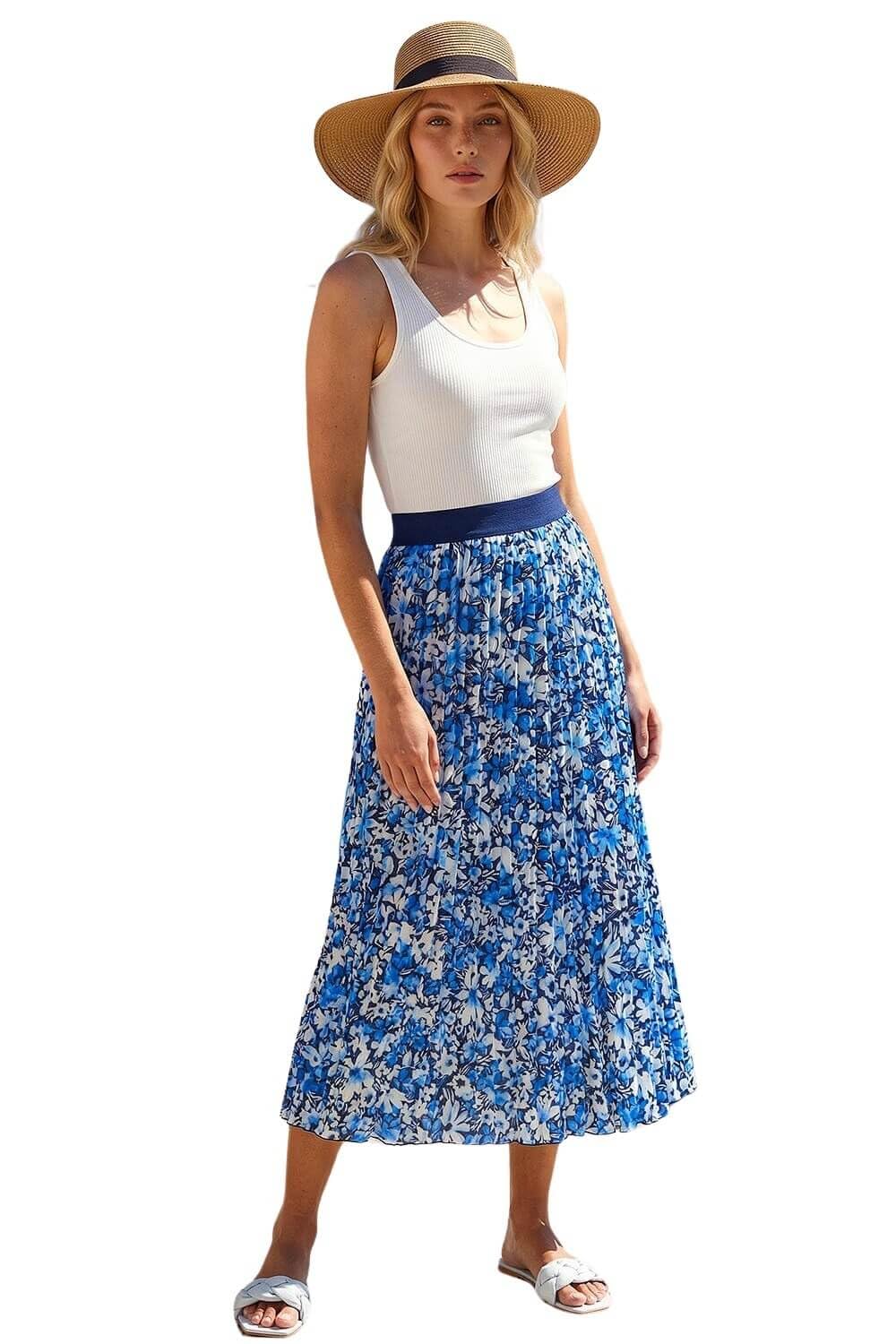 Roman Originals Pleated Skirt for Women UK Ladies Maxi Midi Crinkle Summer Smart Casual Evening Special Occasion Elasticated Waistband Party Holiday Long Crepe - Blue Floral - Size 20