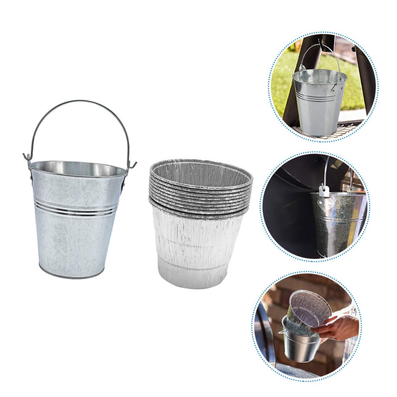 Secchio Grasso Barbecue in Ferro Argento, Set 10 Pezzi | Raccoglie Colature, Mantiene la Griglia Pulita, Facile da Trasportare, Adatto a Festa in Casa e Bbq