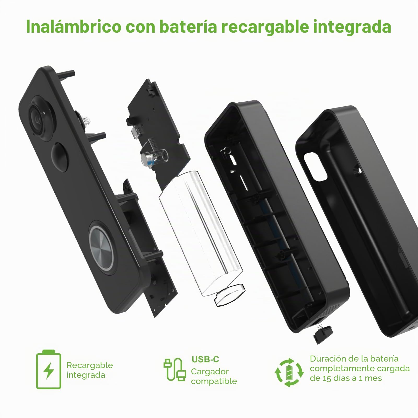 Timbre de video inalámbrico con timbre de cabeza a pies 2K HD Smart WiFi Timbre de puerta con cámara de detección de movimiento funciona con pilas, visión nocturna, tarjeta SD de audio bidireccional y