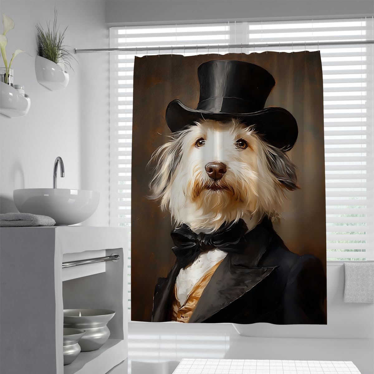 UIRINGART Gentleman Dog Bathroom Screen W100xL200cm Water Repellent Mold Resistant Vintage Shaggy Puppy Top Hat Suit Bowtie Fabric Shower Curtain Rustproof Grommets Tub Liners