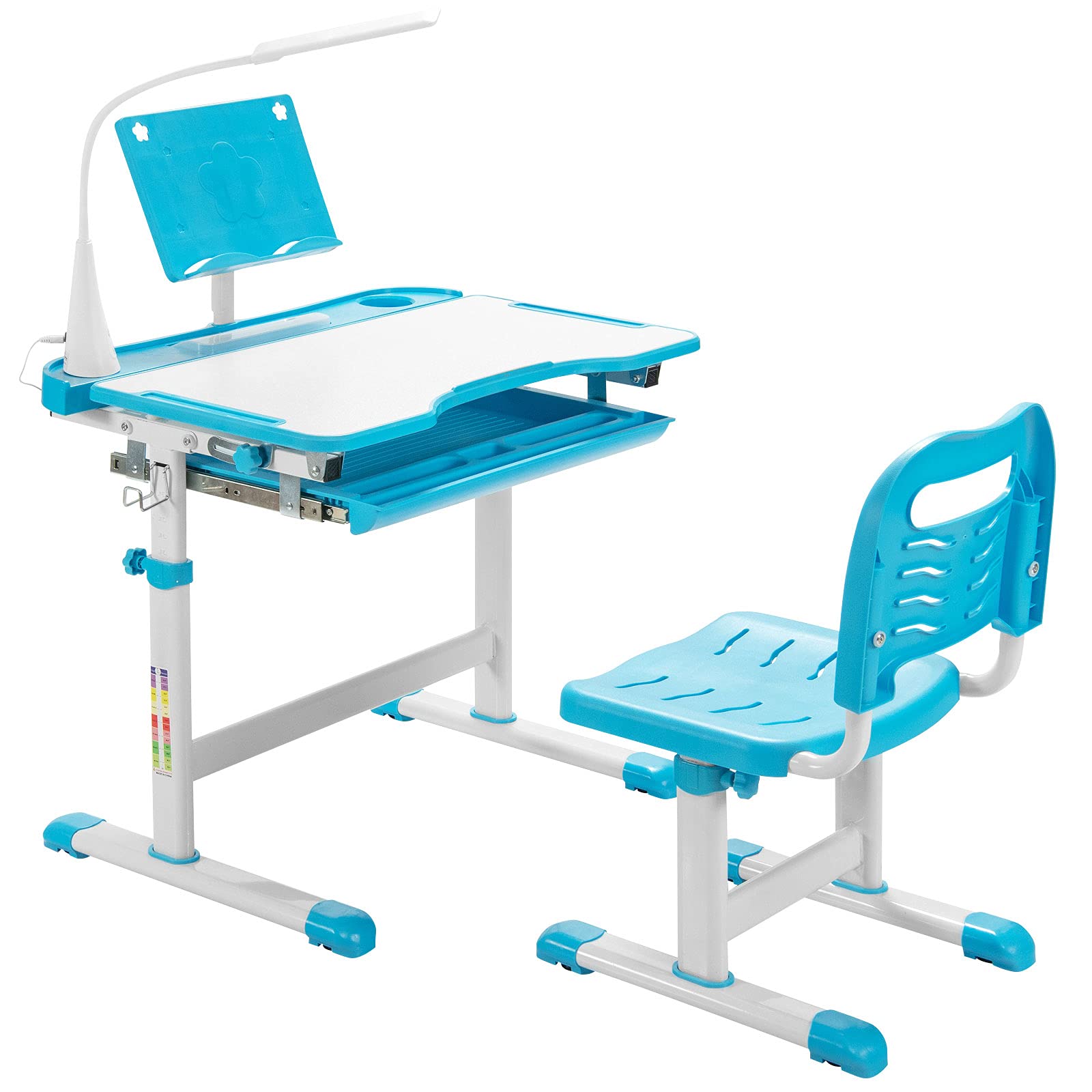 RELAX4LIFE Set Tavolo e Sedia per Bambini, Superficie di Lavagna Inclinabile con Ripiano Organizer Scorrevole, Scrivania con Lampada a LED e Leggio Regolabili, Scrivania e Sedia Multiattività (Blue)