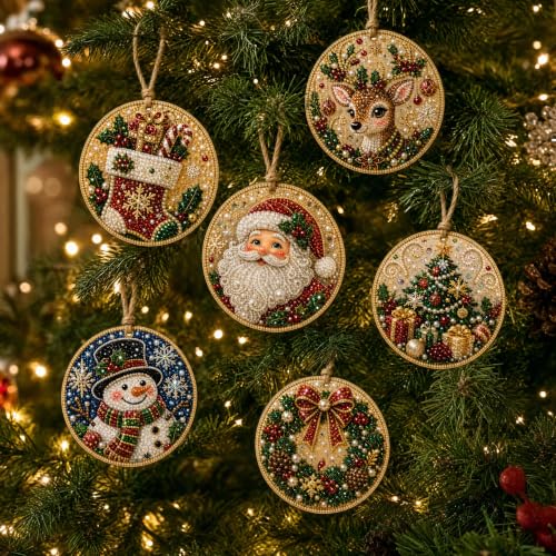 6/12Pcs Wooden Christmas Ornaments DIY Pearl Art Kits for Adults Hanging Diamond Art Christmas Ornaments Set with Pearls Special-Shaped Gems & Jute Twine Christmas Decor Craft (J# 6PCS Wooden)