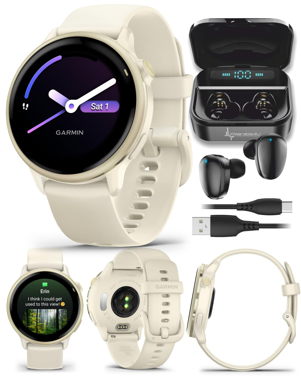 Wearable4UGarmin Vivoactive 6 - Health & Fitness Smartwatch, 1.2 in Bright AMOLED Display, GPS Sports Tracking, Up to 11 Days of Battery, Lunar Gold with Bone Band w Black Earbuds Bundle