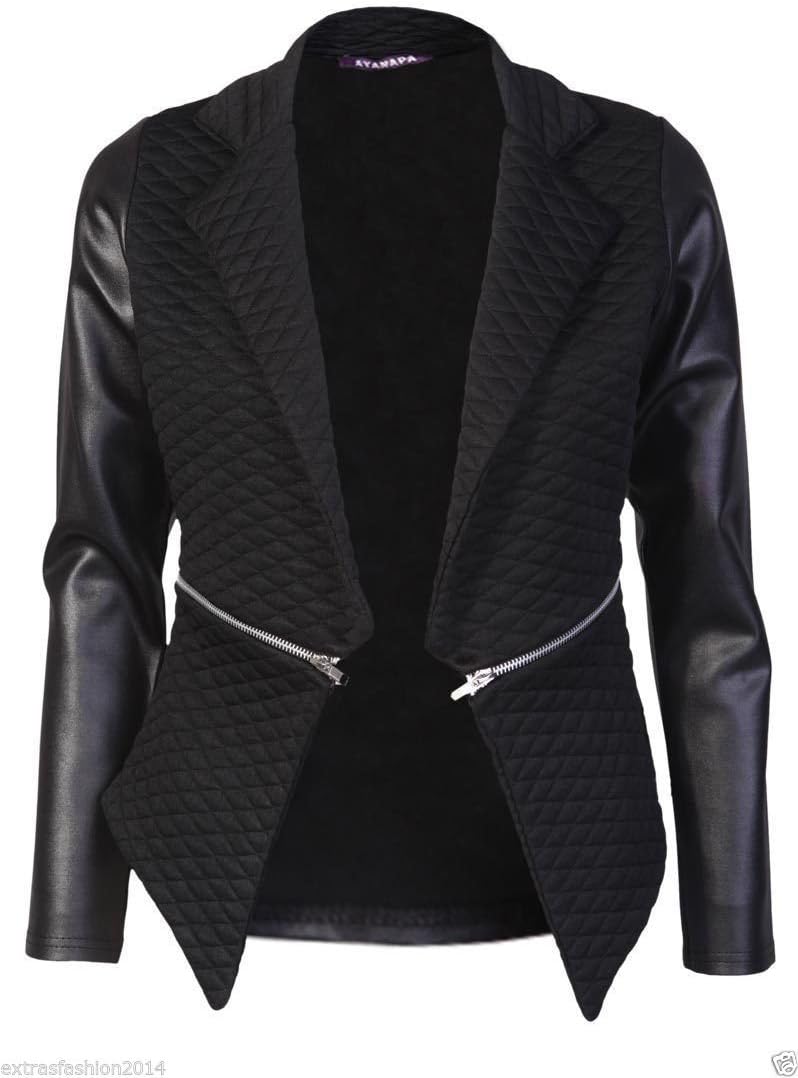 Miss Moody Fashion Women Ladies Quilted PU Leather Look Long Sleeve Zip Waterfall Blazer Jacket Top (8, Black)