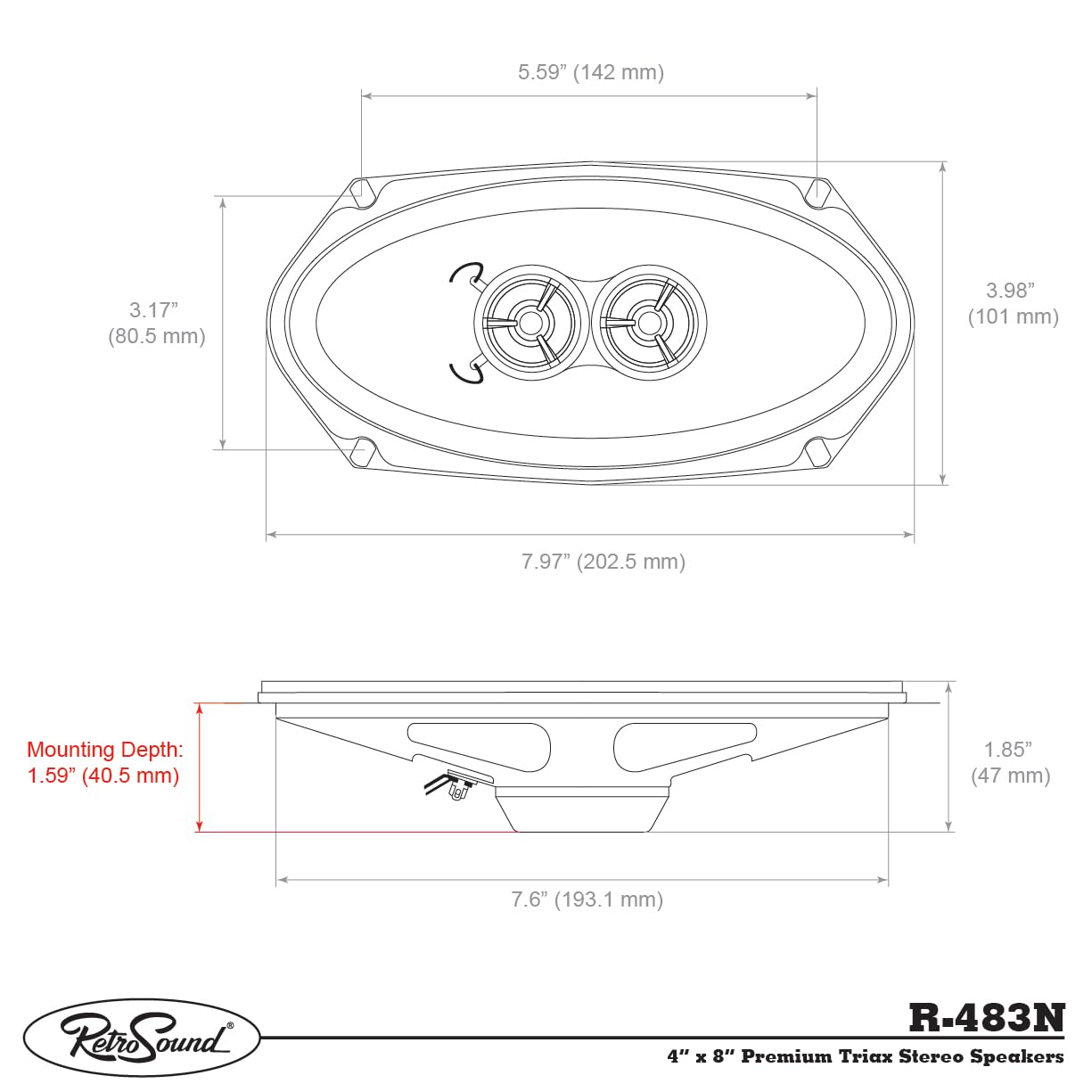 RetroSound R-483N - Lautsprecher 4''x8'', 101x202mm (Paar), Neodym 2-Wege Koaxialsystem | Neodym