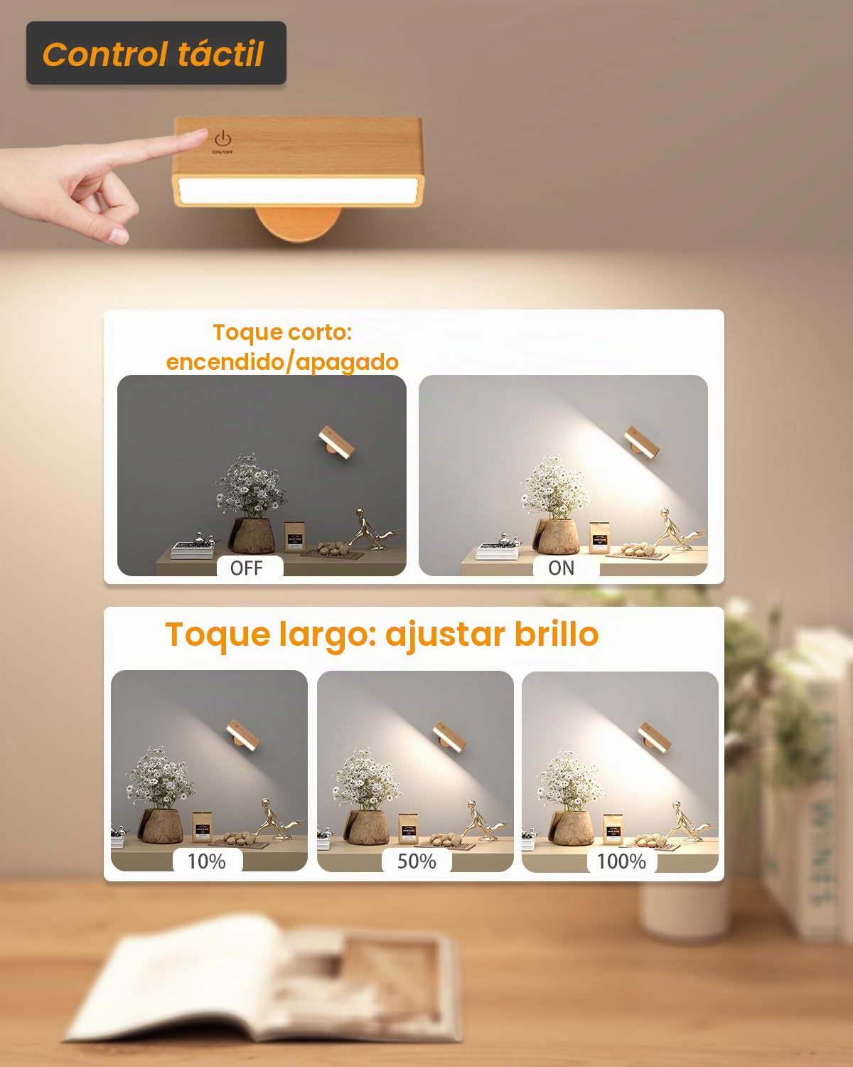 DetarZinLED Lámpara de Pared con Batería de Carga USB, Lampara Mesita Noche Recargable, Apliques de Interior Adhesivos para Dormitorio sin cable (Madera de haya, 2 Pcs)