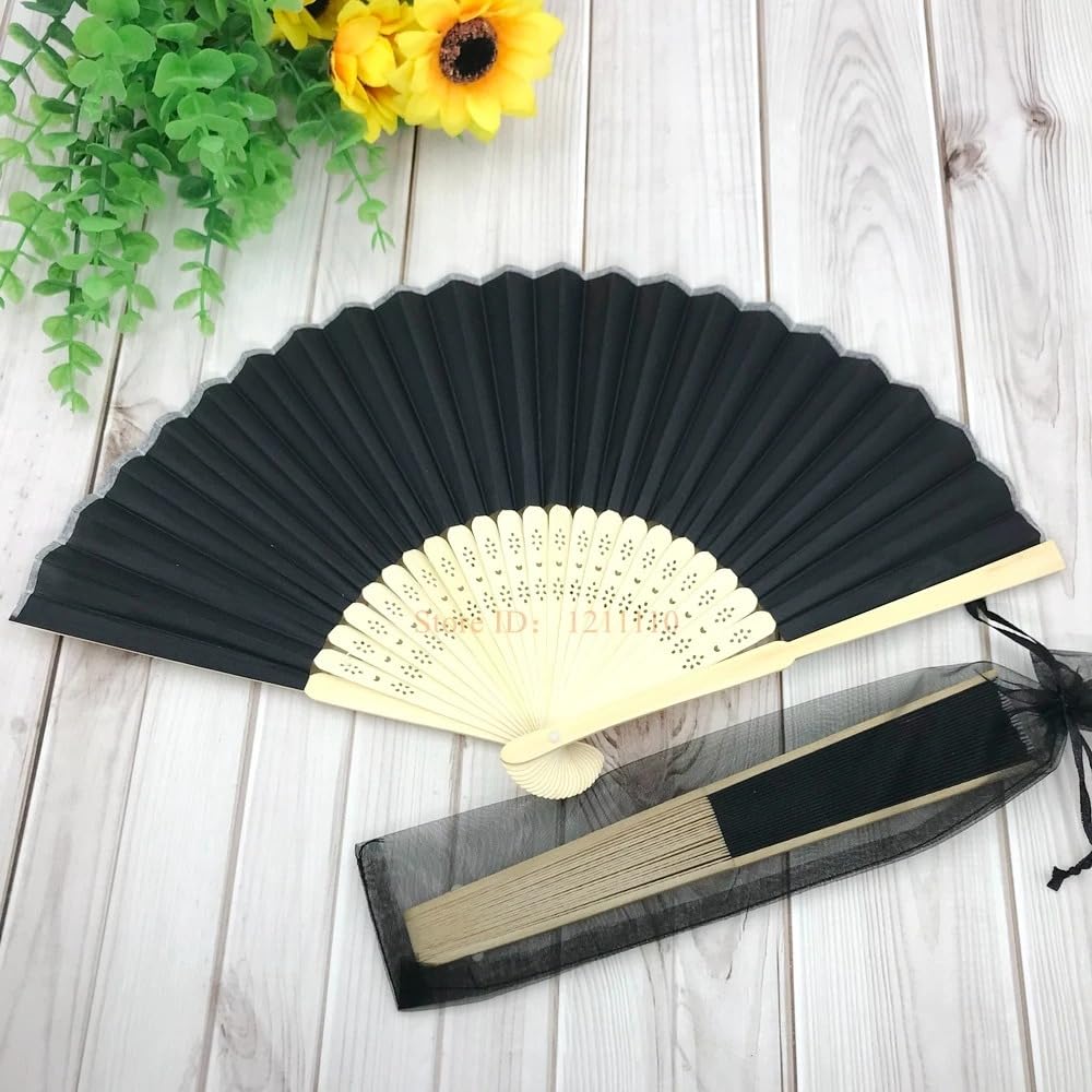 Handfächer aus Stoff, personalisierbar, Geschenk für Freunde, gravierte Fans, Sommerveranstaltung, Fans, Programm-Fans, Schwarz, 40 Stück