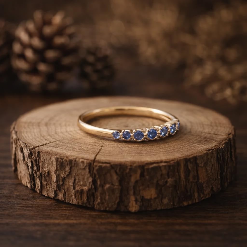 Round Cut Blue Sapphire Wedding Band Rose Gold Plated Half Eternity Stackable Ring September Birthstone Anniversary Jewelry Gift for Her