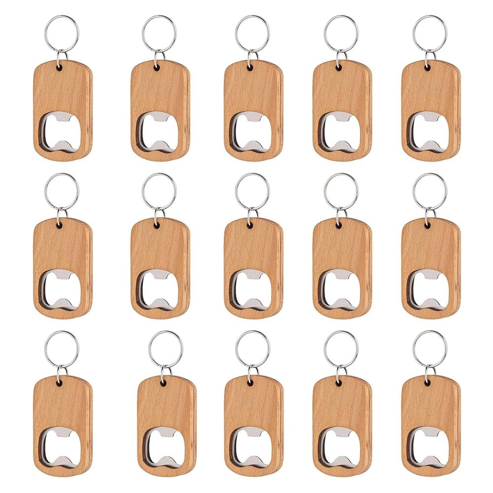 Fvzwkhd Men's Wooden Brown And Metallic Silver 15 Pack Bottle Opener Blank Wooden Keychain Blanks For Engraving Wood Bottle Openers Bulk Key Chains Engraved Key