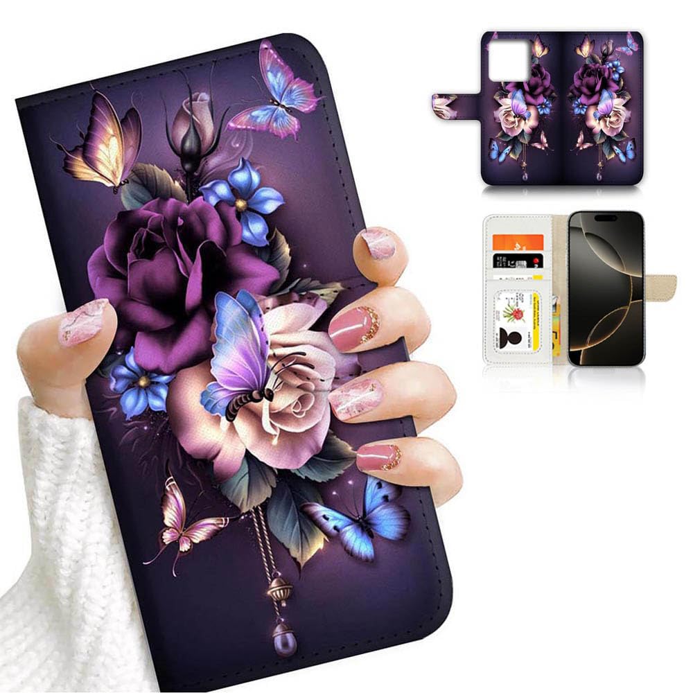 AJOURTEK for iPhone 16 Pro, Art Designed Flip Wallet Style Cover Case Fancy Flower Full Body Protection AD003 (#24886 Purple Rose Flower)