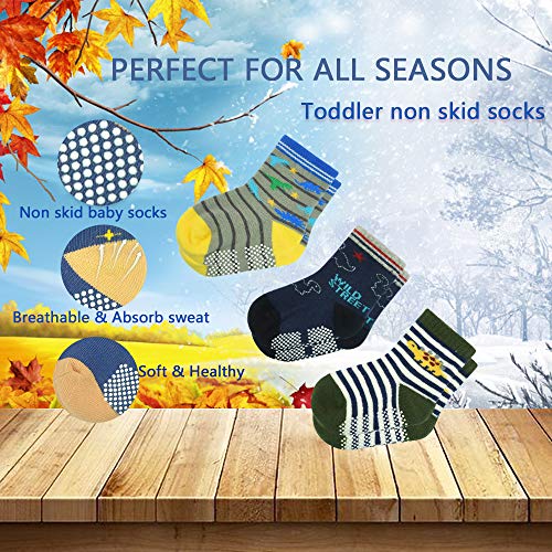 Image of Tphon 12 Pairs Toddler Non Skid Socks with Grips Anti Slip Bottom, Cotton Non Slip Ankle Crew Socks for Boys, Girls, Kids(1-7Years)