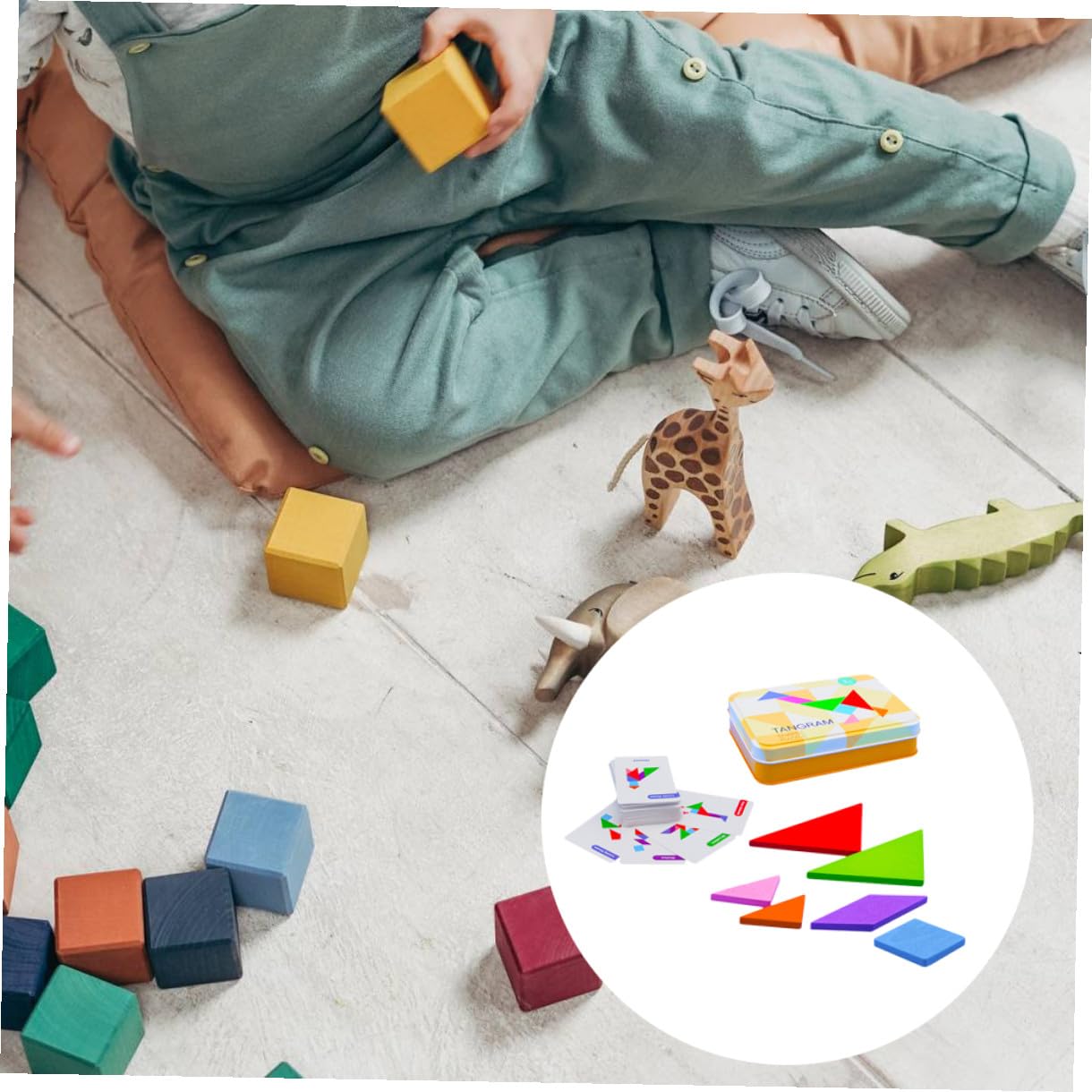 ifundom Jeu de Puzzle Tangram en Bois pour Garçon et Filles, Éducatif en Bois Naturel, 1 Coffret en Fer Cartes, Stimulation Créativité et Apprentissage Géométrie, pour Développement