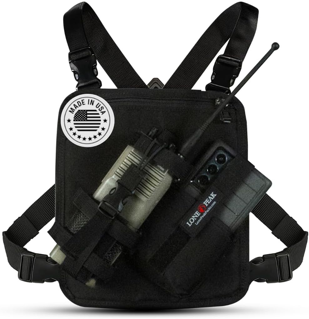 Lone Peak US Made Radio Chest Rig Harness w/phone holster -Sling Bag Alternative Search and Rescue Shoulder Vest - Outdoor EDC Tactical bag for men - Radio Chest Pack for running, hunting, Hiking, EMS