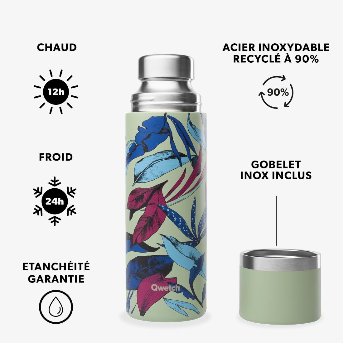 Qwetch - Thermo Isotherme Bahia Vert Tilleul 750ml - Thermo avec Gobelet Inox Recyclé - 24h Froid et 12h Chaud - Etanche & Idéale pour Café et Thé