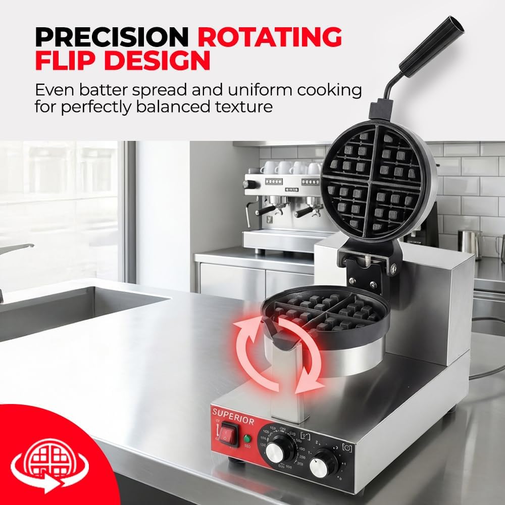 Superior Kitchen Commercial Belgian Waffle Maker, Stainless Steel Waffle Iron with Non-Stick Coating, Rotating Flip Design, Heat-Resistant Handle, Adjustable 122℉/50℃ to 482℉/250℃ Range, 1200W