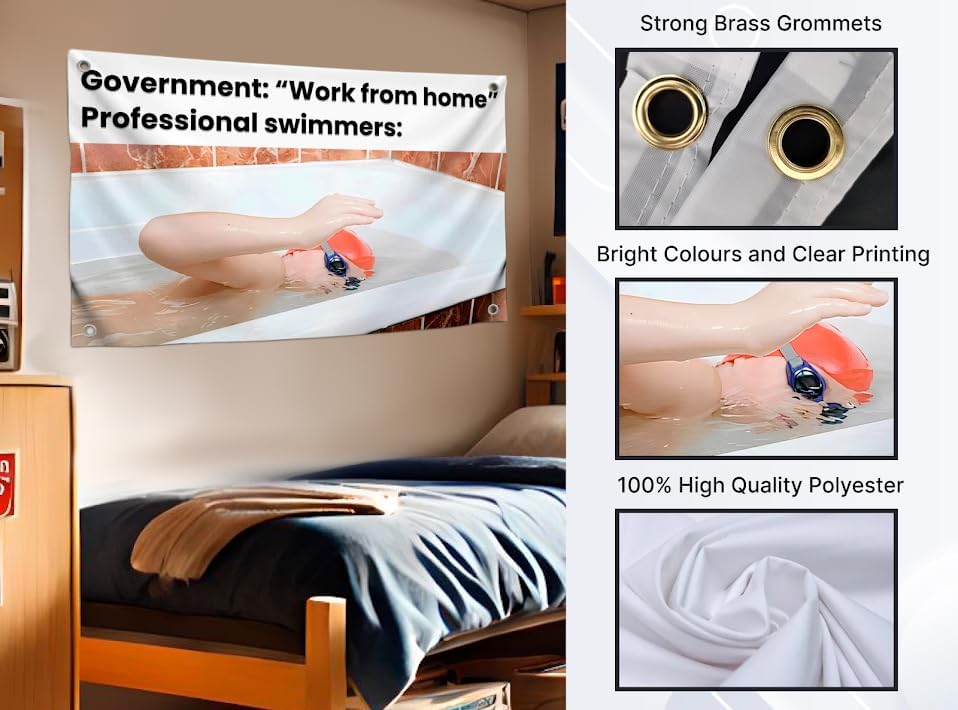 3x5 Feet Funny Swim Teen In Bathroom Flag with Quote ''Government Work From Home Professional Swimmers'' with Four Brass Grommets - Polyester Banners for Bedroom - Single Sided Tapestry Flags for Guys - Image 3