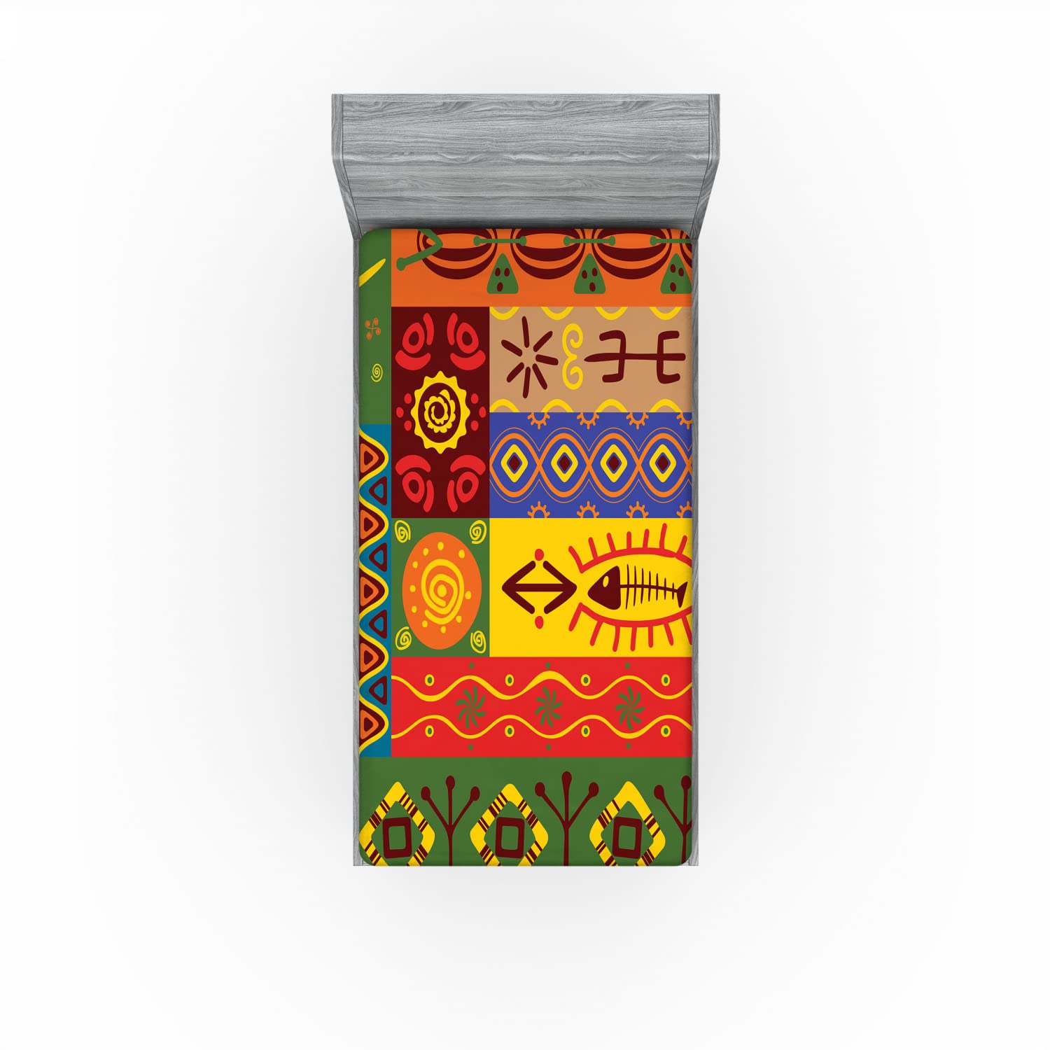 Ambesonne African 2 Pack Fitted Sheet, West Folk, Bed Cover All-Round Elastic Deep Pockets 2 Pieces, Package Contains 2 Twin XL Size Fitted Sheets, Green Mustard