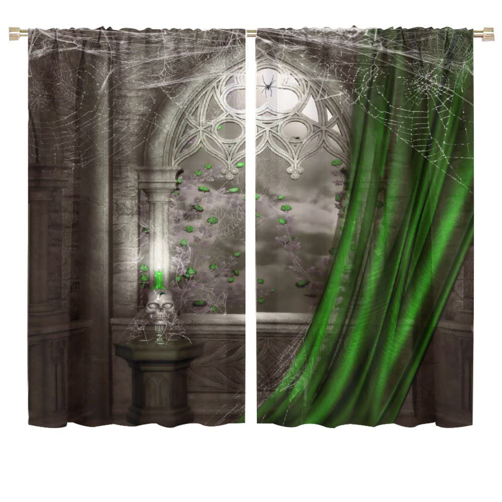 Gothic Blackout Curtains,Retro Palace Horror Skull Green Rose Background,Living Room Bedroom Kitchen Window Drapes for Living Room Bedroom Kids Playroom Windows Decorations. 72x63 Inch