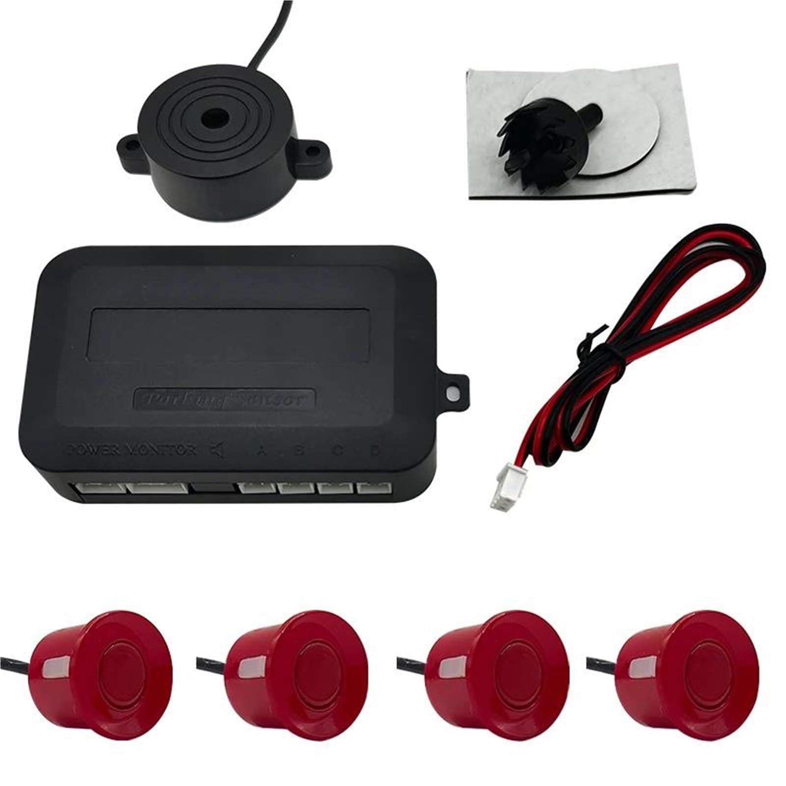 Pdc Sensor Aparcamiento Kit sensores aparcamiento coche sonda indicadora alerta sonido, Radar marcha atrás Universal, 12V, 22mm, 4 zumbadores Radar Marcha Atrás(Red sensors)