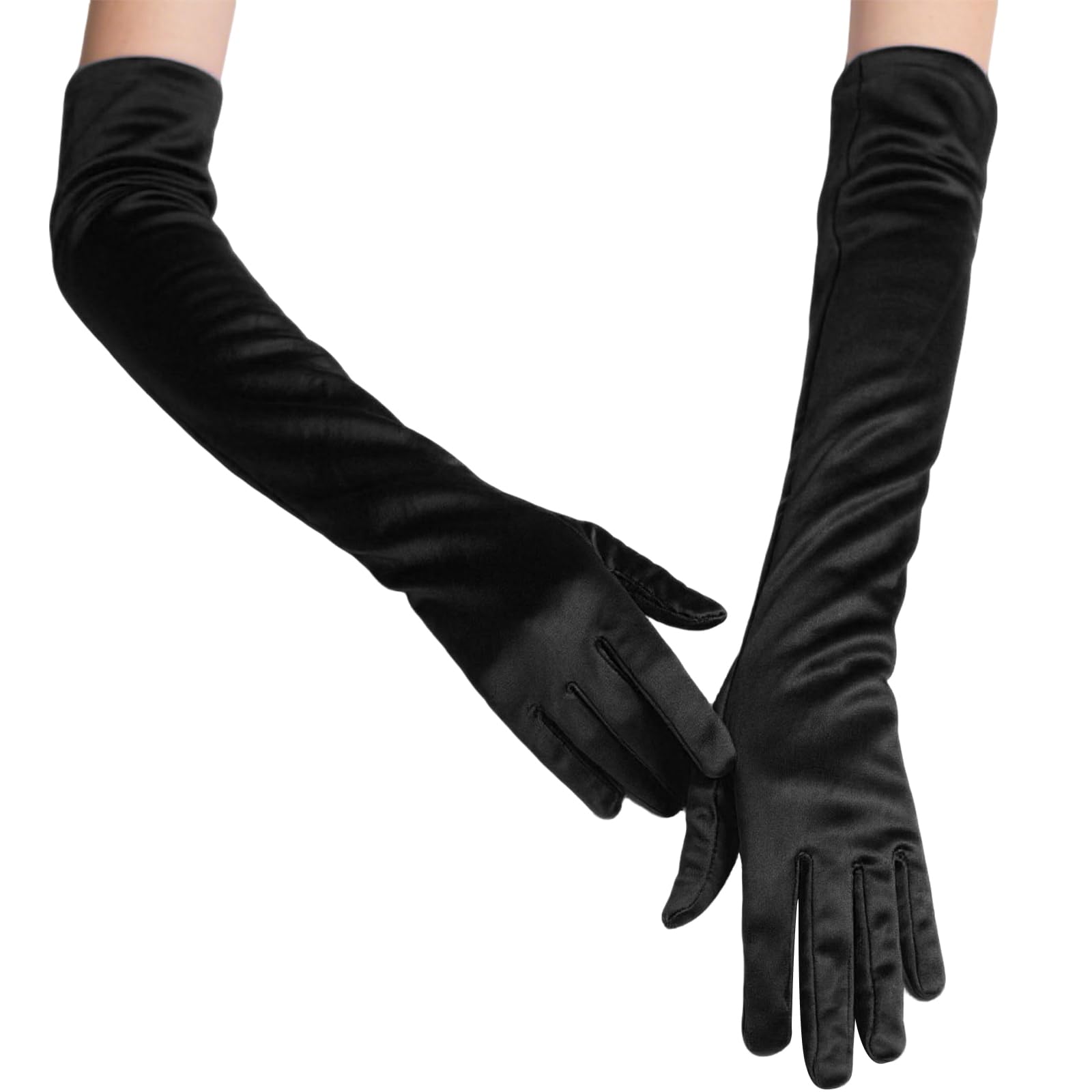 Long Elbow Satin Gloves, Evening Opera Gloves 1920s Style Fancy Dress Dance Glove for Wedding Prom Party Dance Costume Accessories F4-WHST(Black, One Size)