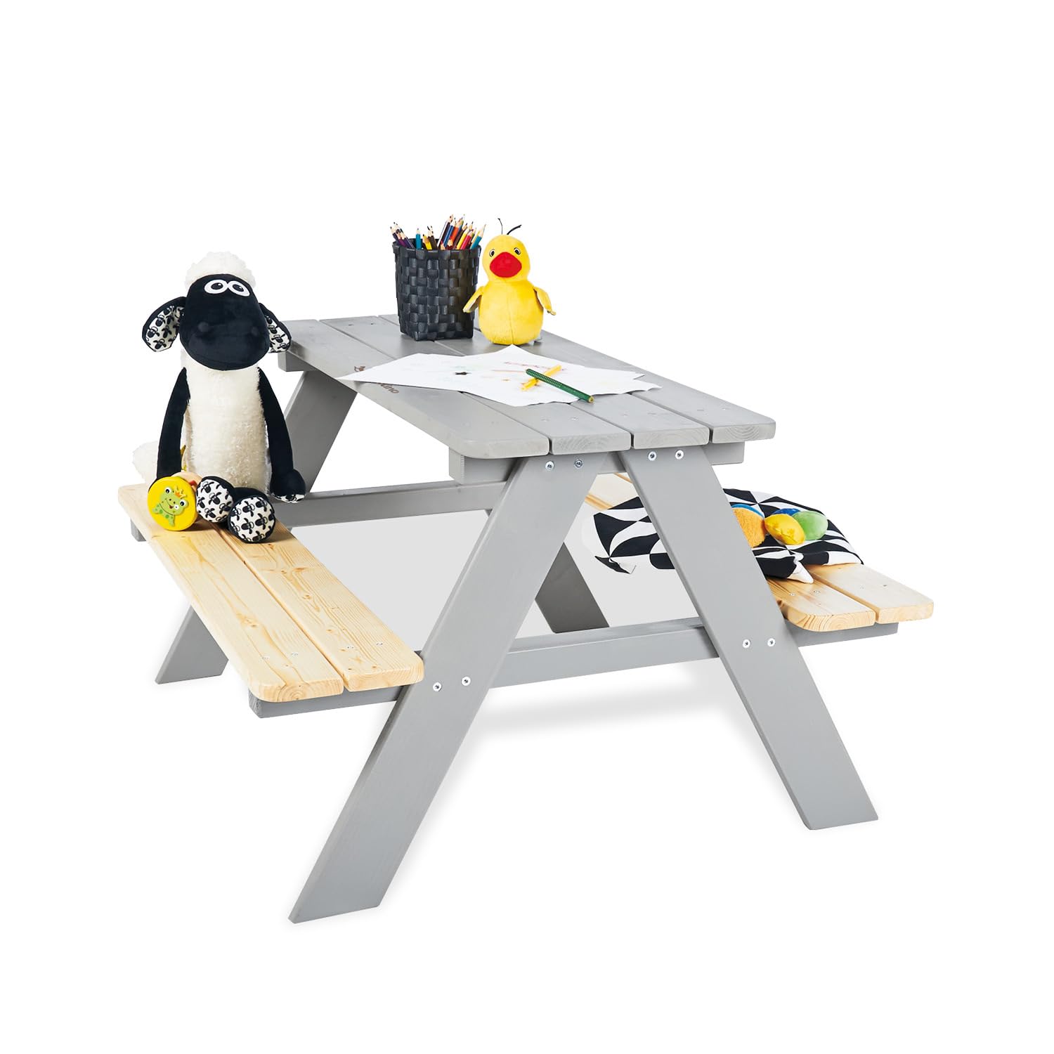 PINOLINO Nicki 4er Kindersitzgruppe - Kindertisch - Picknicktisch aus Massivholz, Kinder Spielbar - Langlebige Sitzbank für draußen, Kindergartenmöbel ab 2 Jahren, Outdoor-Tisch 90 x 79 x 50 cm, Grau