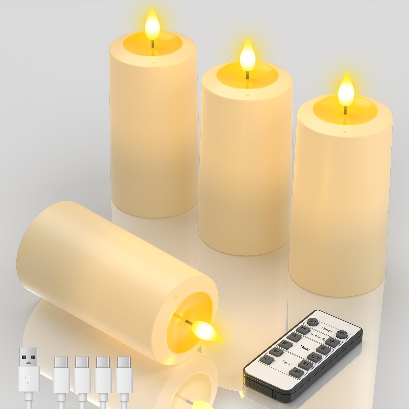 Yme Rechargeable Blow Out Candles with Remote Control, 4pcs LED Battery Operated Flameless Pillar Candles Flickering with Timer and Blow Out Hole for Christmas Halloween Room Table Lantern Decor