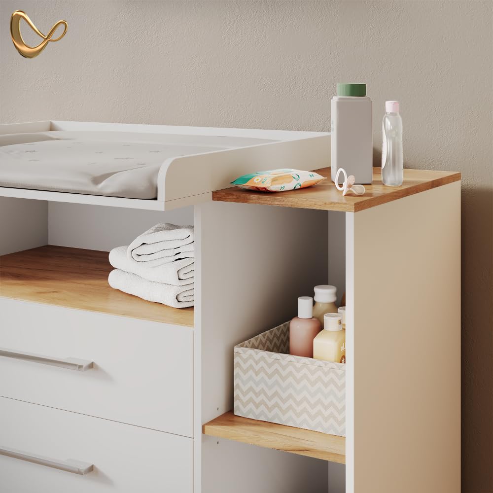 Livinity Cambiador Torino, Roble Blanco/Dorado, con 3 cajones