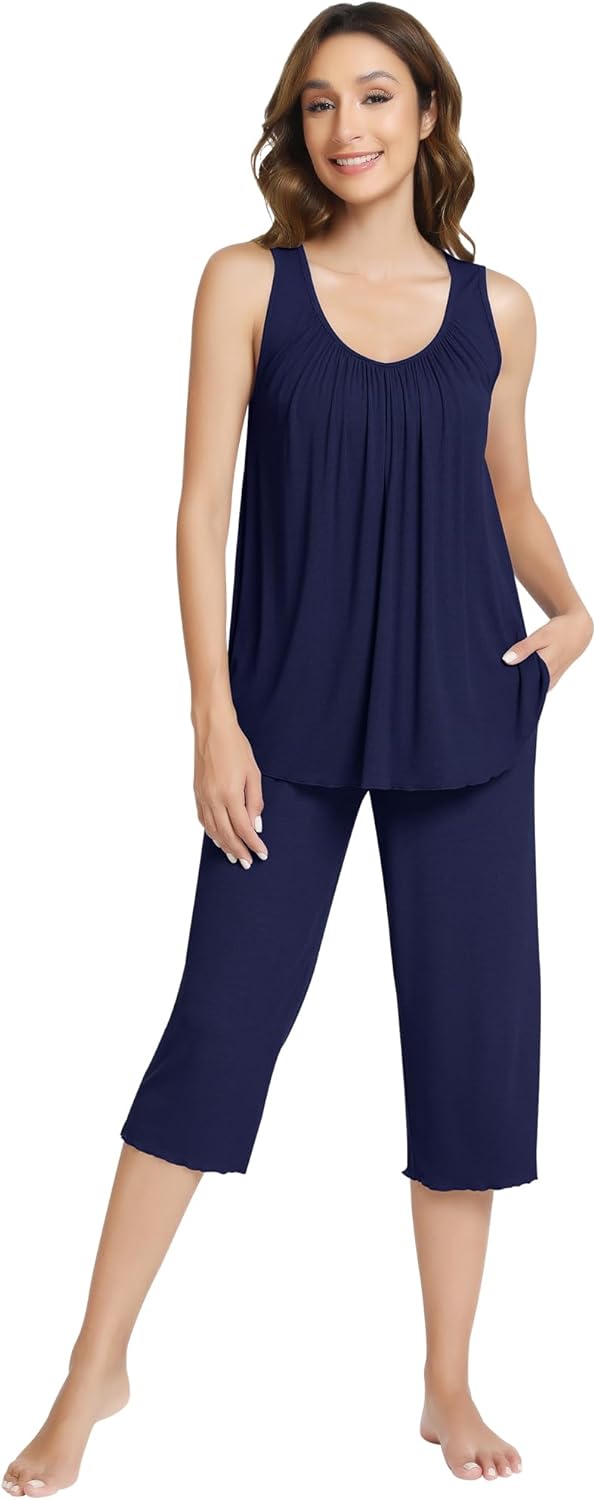 NACHILA Womens Pajamas-Viscose Made from Bamboo, Sleeveless Sleepwear Ribbed Tank Top Capri Pants Pajama Set Cool Pleated Pjs