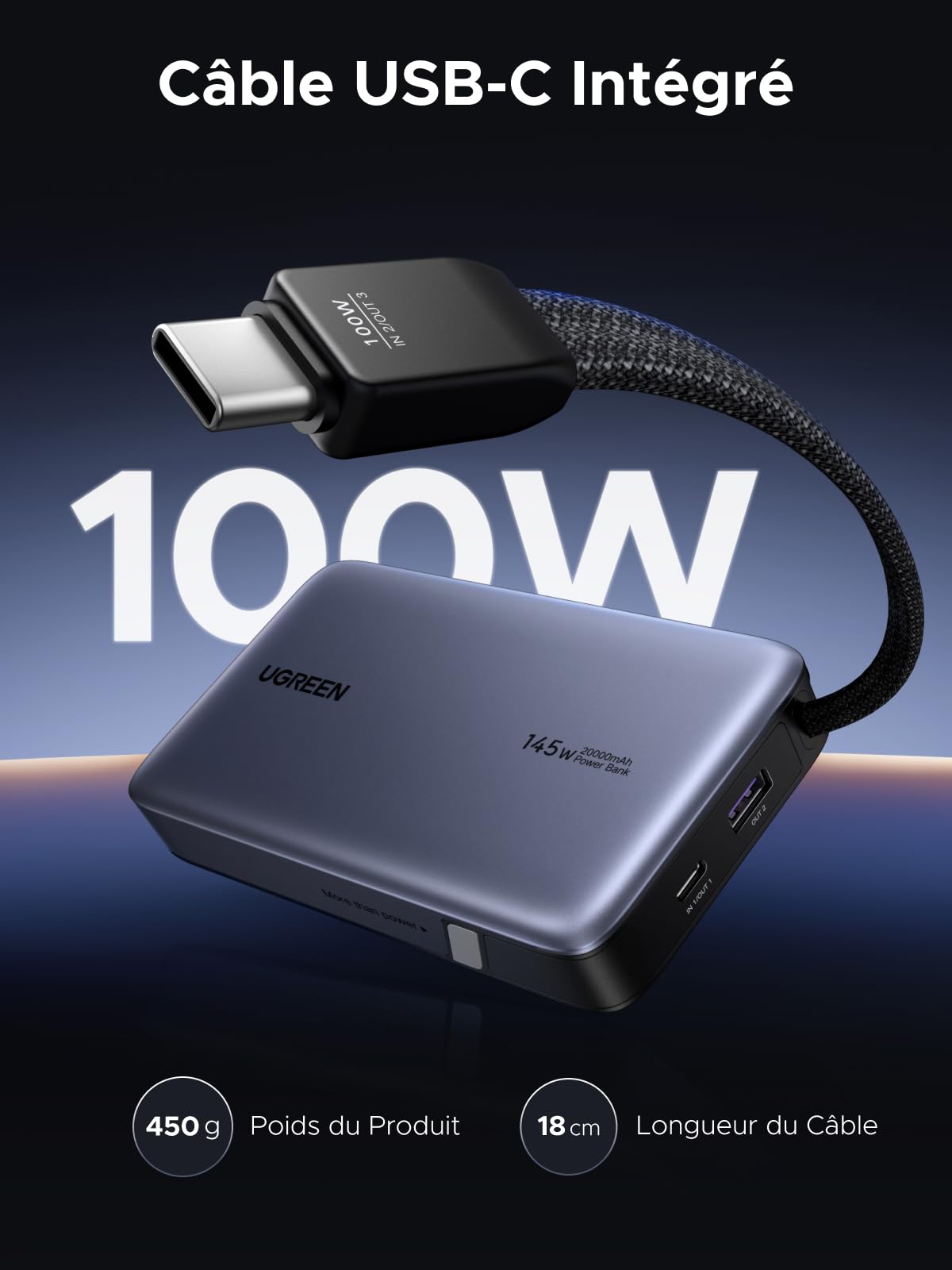 UGREEN Nexode 145W Batterie Externe 20000mAh Power Bank Charge Rapide PD3.0 100W Câble USB C Intégré Chargeur Portable PC LED Compatible avec iPhone 17 16 15 Plus Pro Max Galaxy S25 S24 MacBook iPad