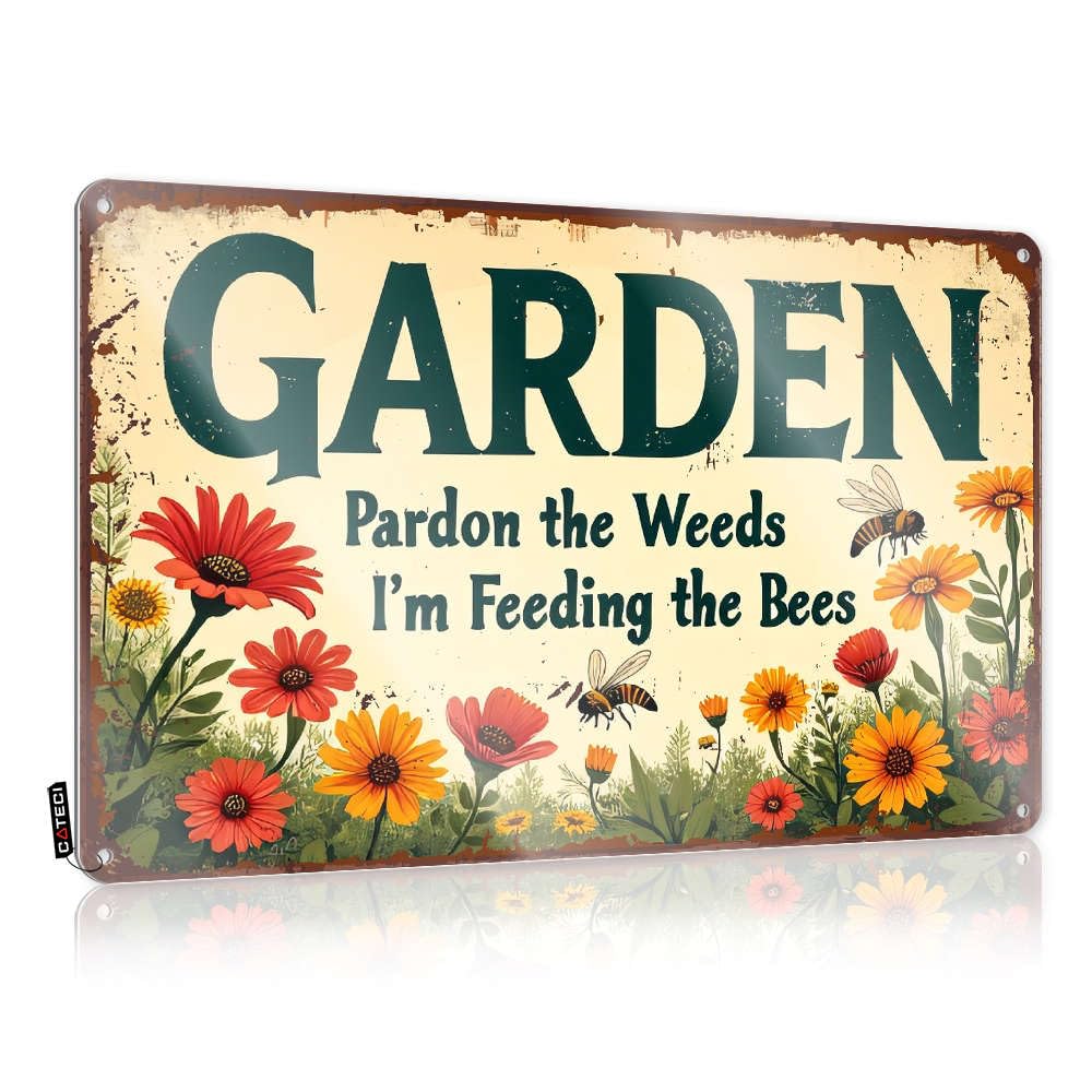 Home Tin Sign Garden: Pardon Weeds, Feeding Bees. Tin Sign Sarcastic Signs Outdoor Bar Signs(20X30CM)