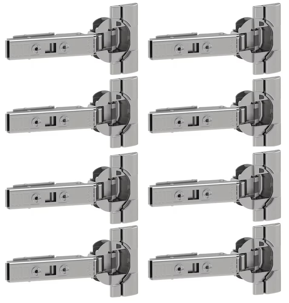 Eight UTRUSTA cabinet hinges with integrated dampers, shown in a nickel-plated finish.
