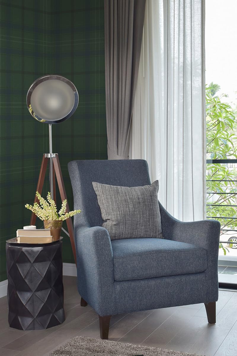Vliestapete „Plaid Tailored“ – Geometrisches Karo-Muster – 52 cm × 10 m – hochwertig, pflegeleicht, hergestellt in den Niederlanden (Dunkelgrün-Blau-Schwarz)