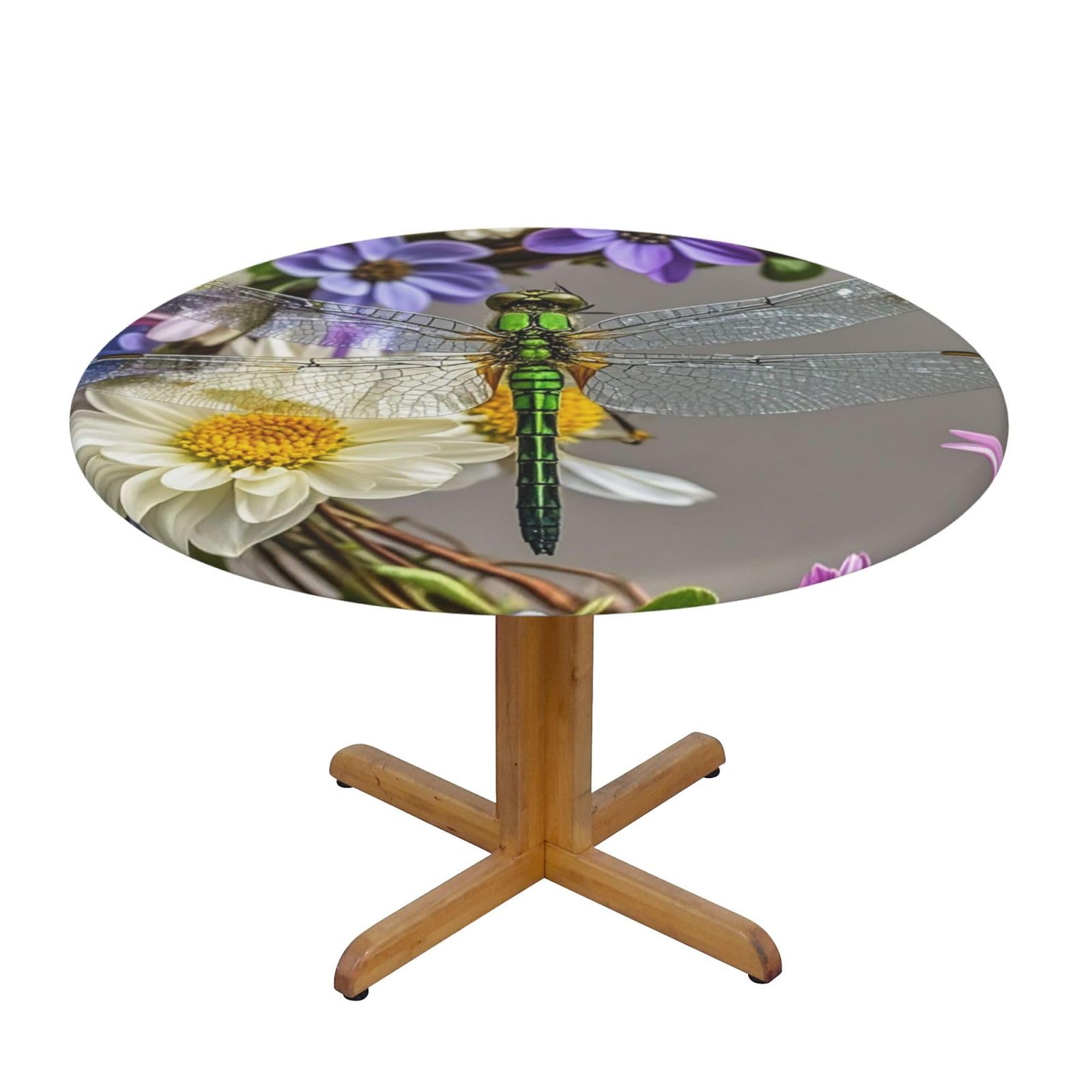 BTCOWZRV Image of Dragonfly in Wreath Round Spandex Tablecloth 47 Inch, Elastic Fitted Waterproof Tablecloths Stretch Washable Picnic Table Cover for Camping, Dining, Indoor and Outdoor