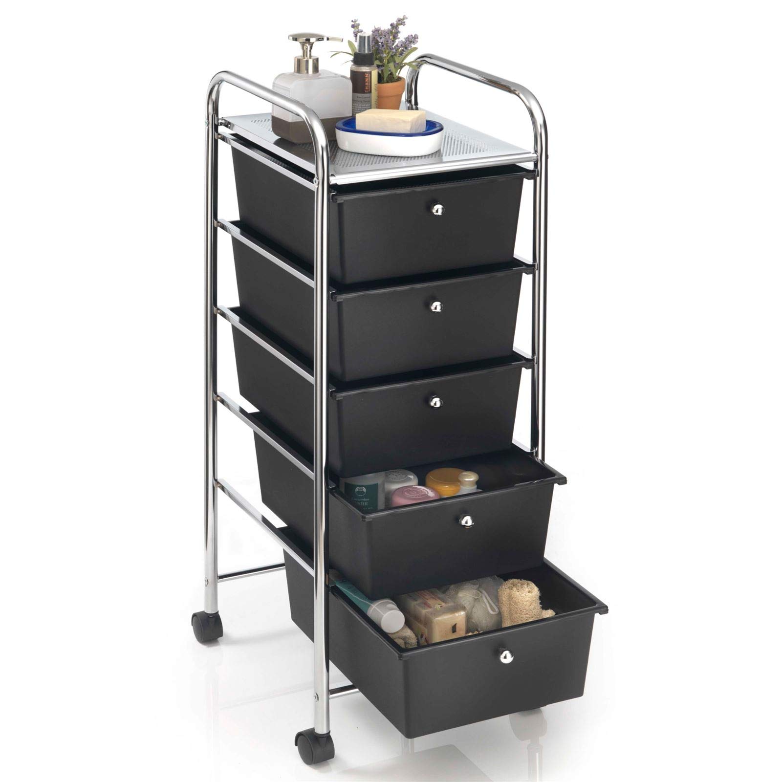 IDIMEX Rollcontainer GINA, Chrom/schwarz - Rollwagen mit 5 Schubladen, lackiertes Metallgestell in Chrom auf Rollen, Friseurwagen, Badezimmerschrank, Kosmetik Aufbewahrung