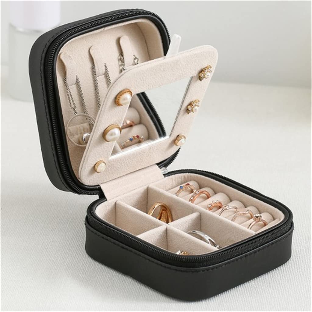 Double-Layer Womens Mini Stud Earrings Rings Jewelry Box Useful Makeup Organizer with Zipper Travel Portable Jewelry PU Box