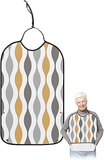 QueenKer Funny Adult Bibs for Eating, Mid-Century Modern Geometric Yellow Gray Pattern Waterproof Clothing Protector Washable Adult Bib with Crumb Catcher for Men Women Elderl and Seniors