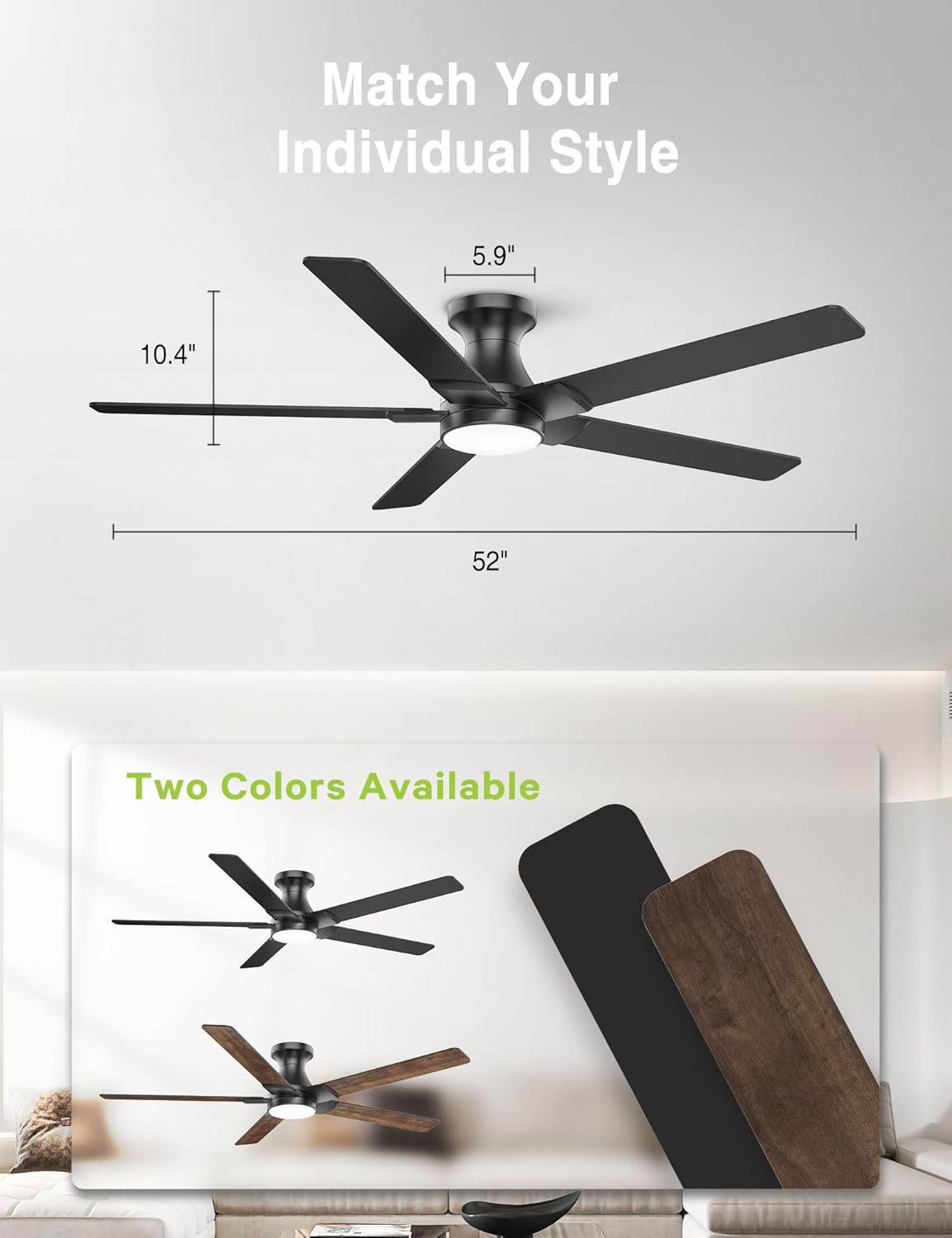 Diagram showing the dimensions of the 52-inch ceiling fan and two available blade colors.