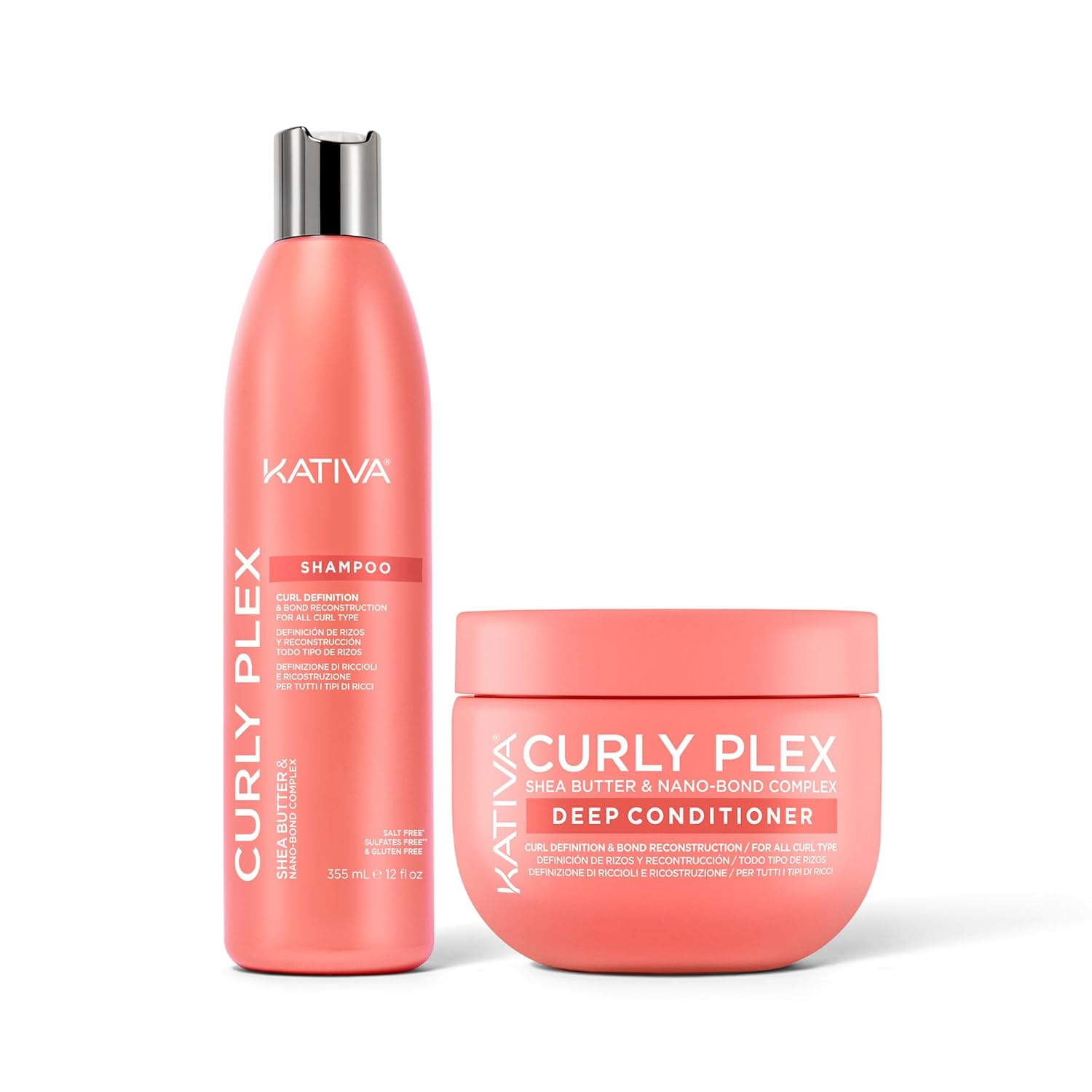 Kativa Curly Plex Bundle Shampoo 8oz + Deep Conditioner 15oz | All Curls Types | Curl Definition & Reconstruction | With Nano-Bond Complex, Shea Butther & Flax Seed