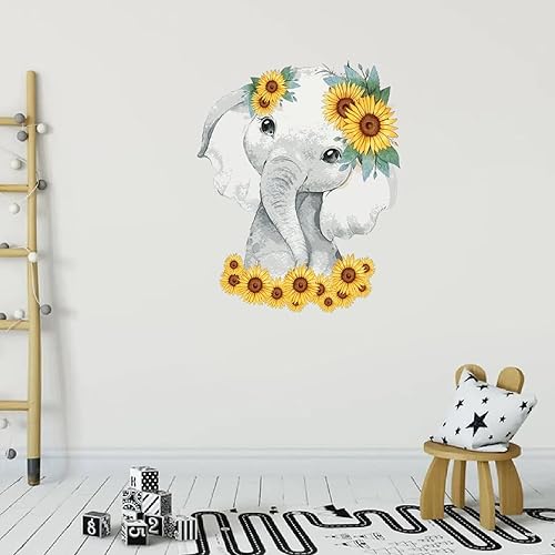 Miniatura 4 de Divertidos calcomanías de vinilo de elefante de animales para decorar el hogar, lindo elefante bebé con tocado de girasol, calcomanías para