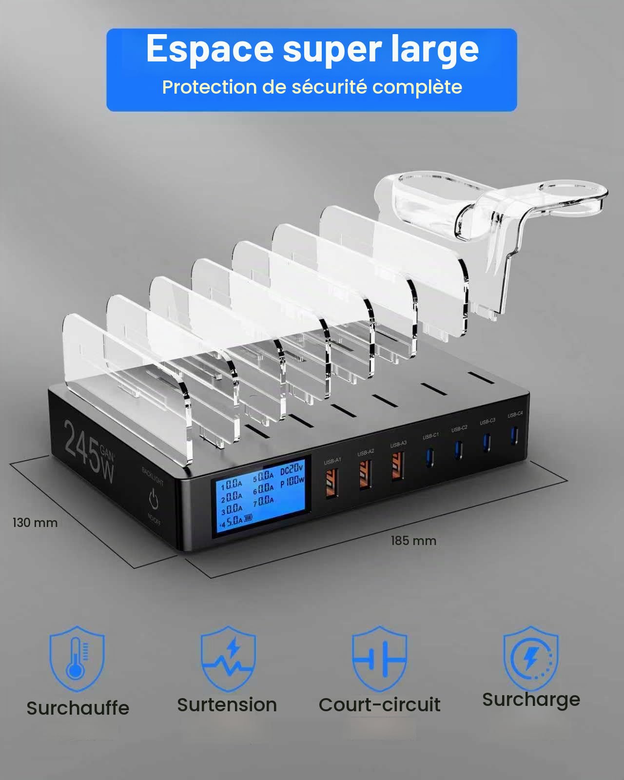 Station de Charge USB pour Plusieurs appareils, 7-Port USB Multi Charge 245W avec 7 Câbles, Station Chargement avec écran LCD, Compatible avec Téléphones, Tablettes et Autres Appareils - Noir