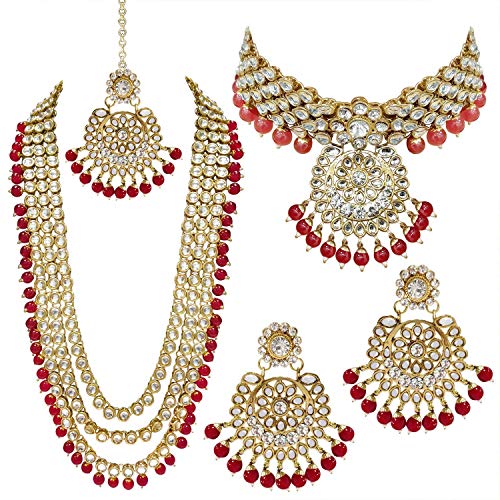 I Jewels 18k Gold Plated Indian Wedding Wear Faux Studded Pearl Kundan Necklace Set Jewelry for Women (IJ325R)