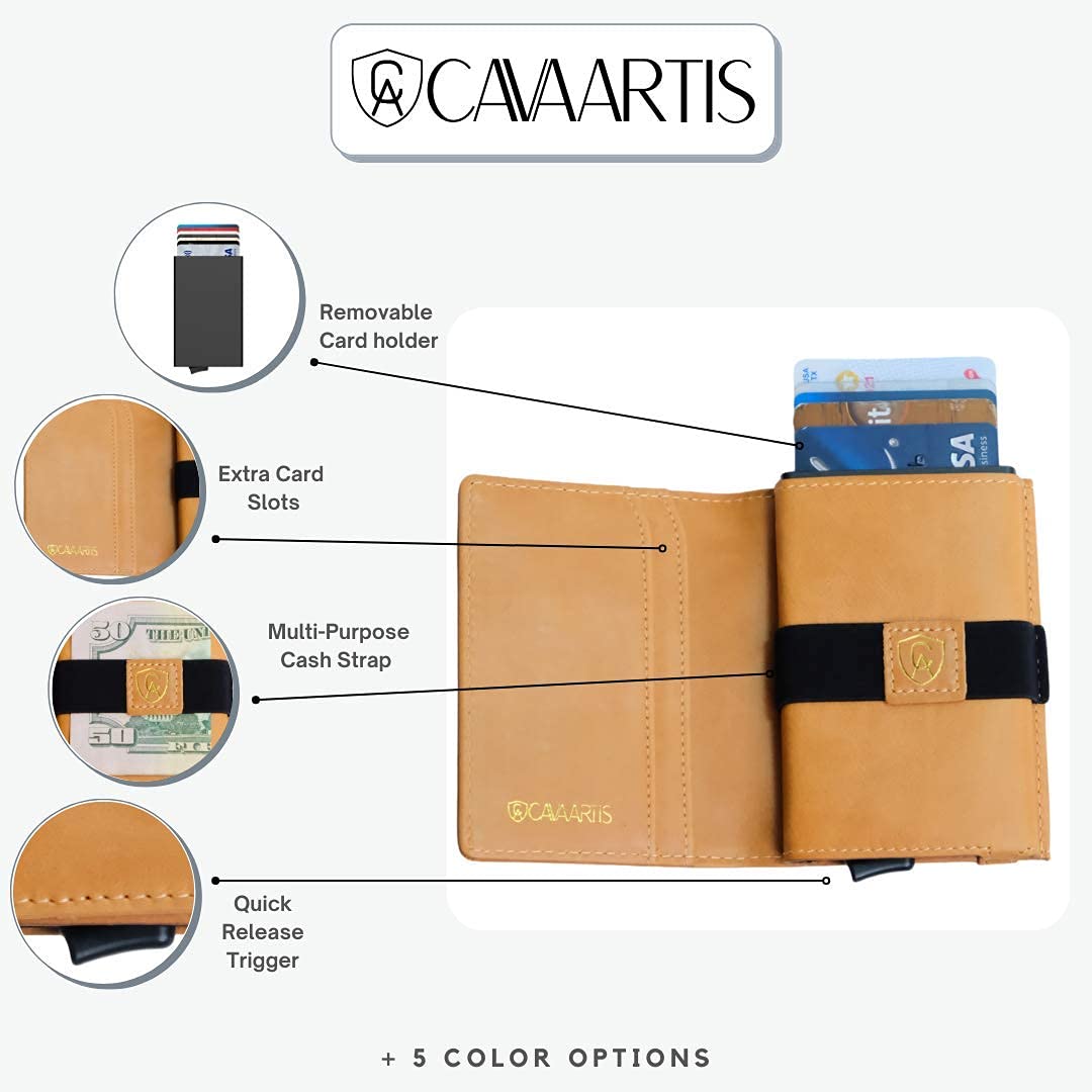 CAVAARTIS Slim Leather Wallet | Smart RFID Protection | Smart Quick Release Cards Technology (Tan Cognac, One Million)