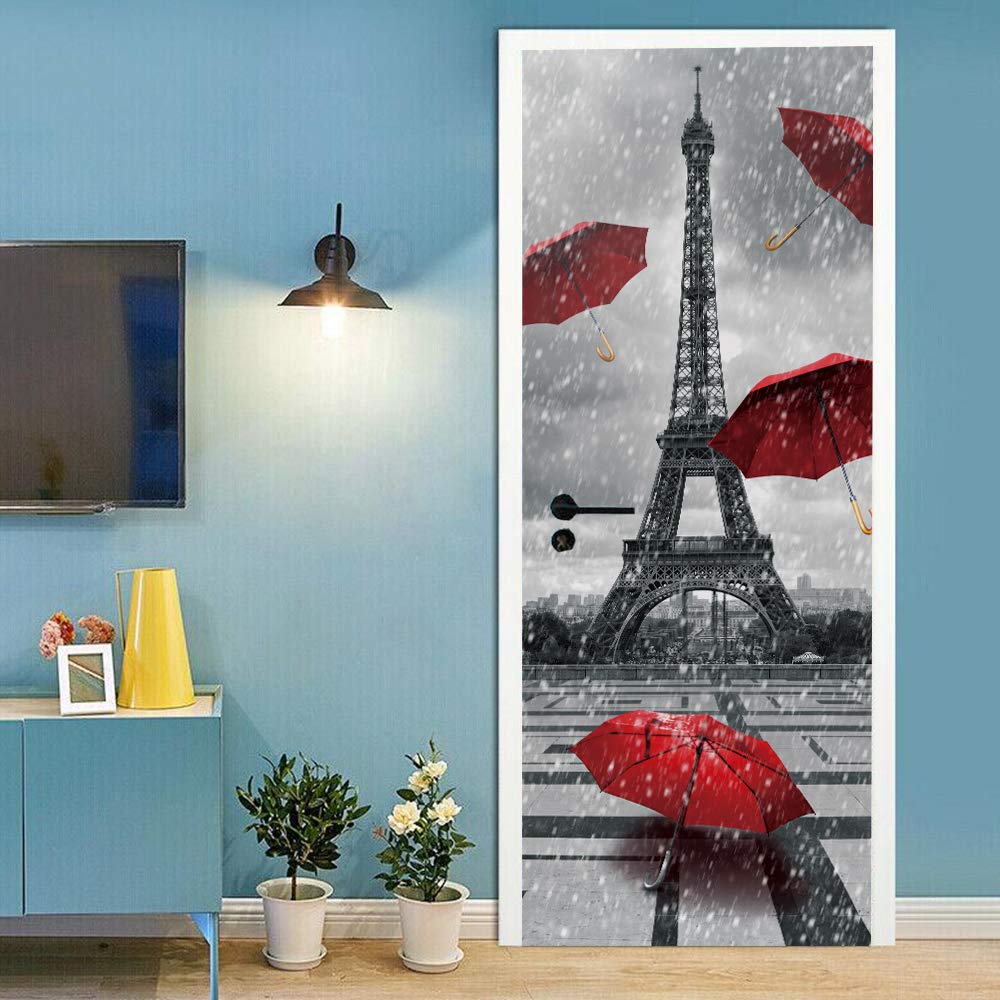 Sticker de porte Tour Eiffel et parapluie rouge pour créer une ambiance romantique au salon