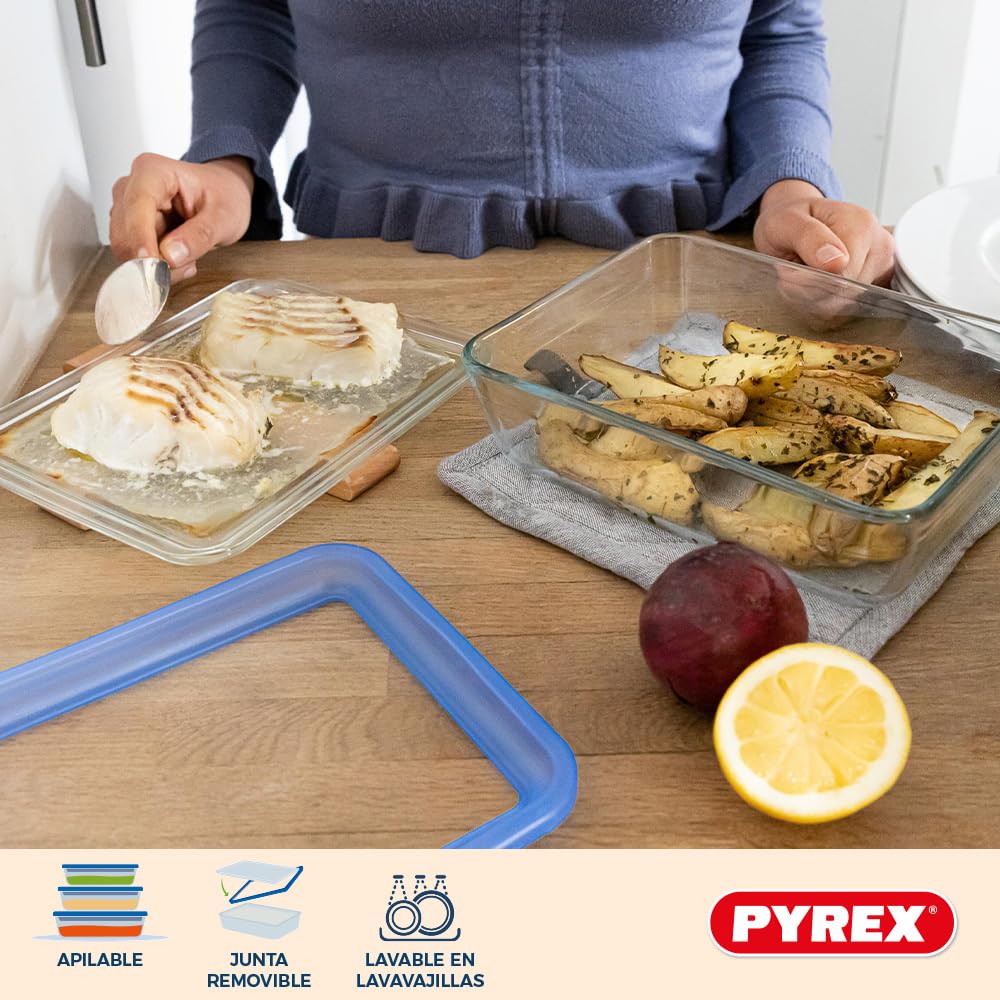 Set di 3 contenitori per alimenti con coperchio - PYREX - Plastica Zero - Vetro - Rettangolari - 0,8 L