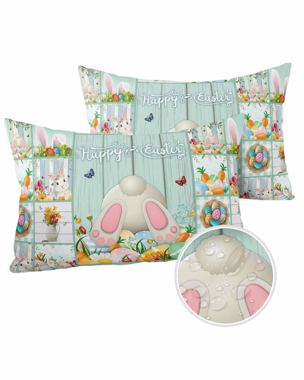 Boanket Lumbar Pillow Covers 12 x 20 in, Easter Waterproof Throw Pillow Cover Set of 2, Bunny Spring Floral Colorful Eggs Plaid Home Decorative Rectangle Cushion Covers for Patio/Couch/Garden