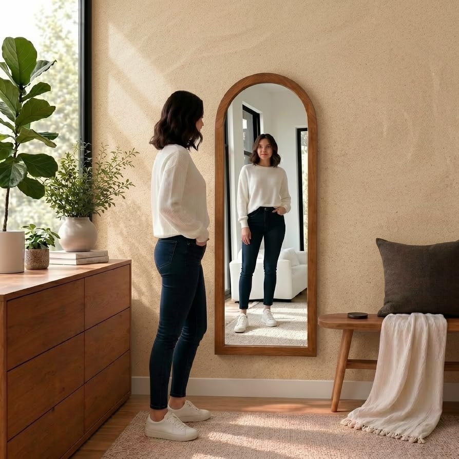 Image of Creative Arts n Frames 15x51 inch Long Fiber Wood Arched Wall Hanging Mount HD Mirror Home Decor Items Living Room Bathroom Bedroom Hotel Office (Natural Iqurel Oak Light Framed HD Arch Mirror)