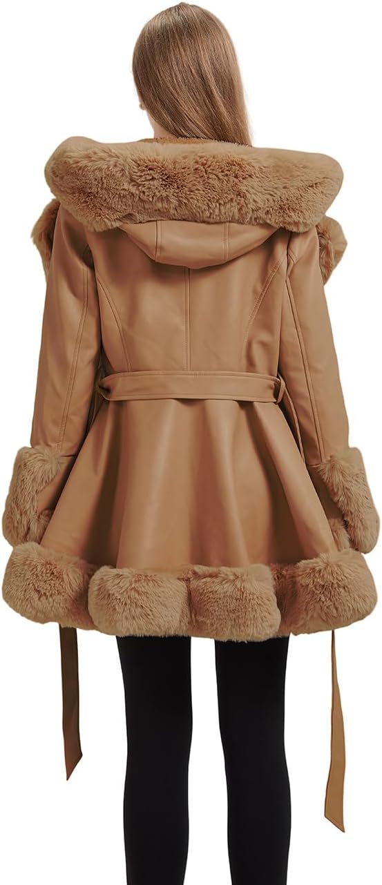 GRAN ORIENTE Women's Faux Leather Jacket with Faux Fur Collar, Winter Long Sleeve Furry Trim Peplum Parka Coat with Belt - Image 5