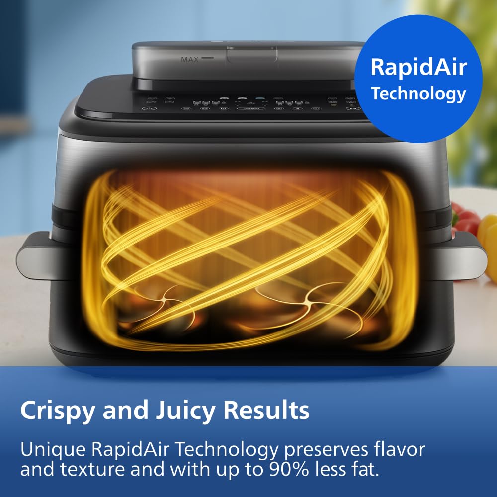 Philips Airfryer 5000 Series Megabasket with Steam - Unique Steamfry, Steam & Airfry - 28 Ways to Cook; 9,5L in Megabasket or 3L + 6L Dual Basket, RapidAir Plus Technology, Auto SteamClean (NA565/92) — view 10