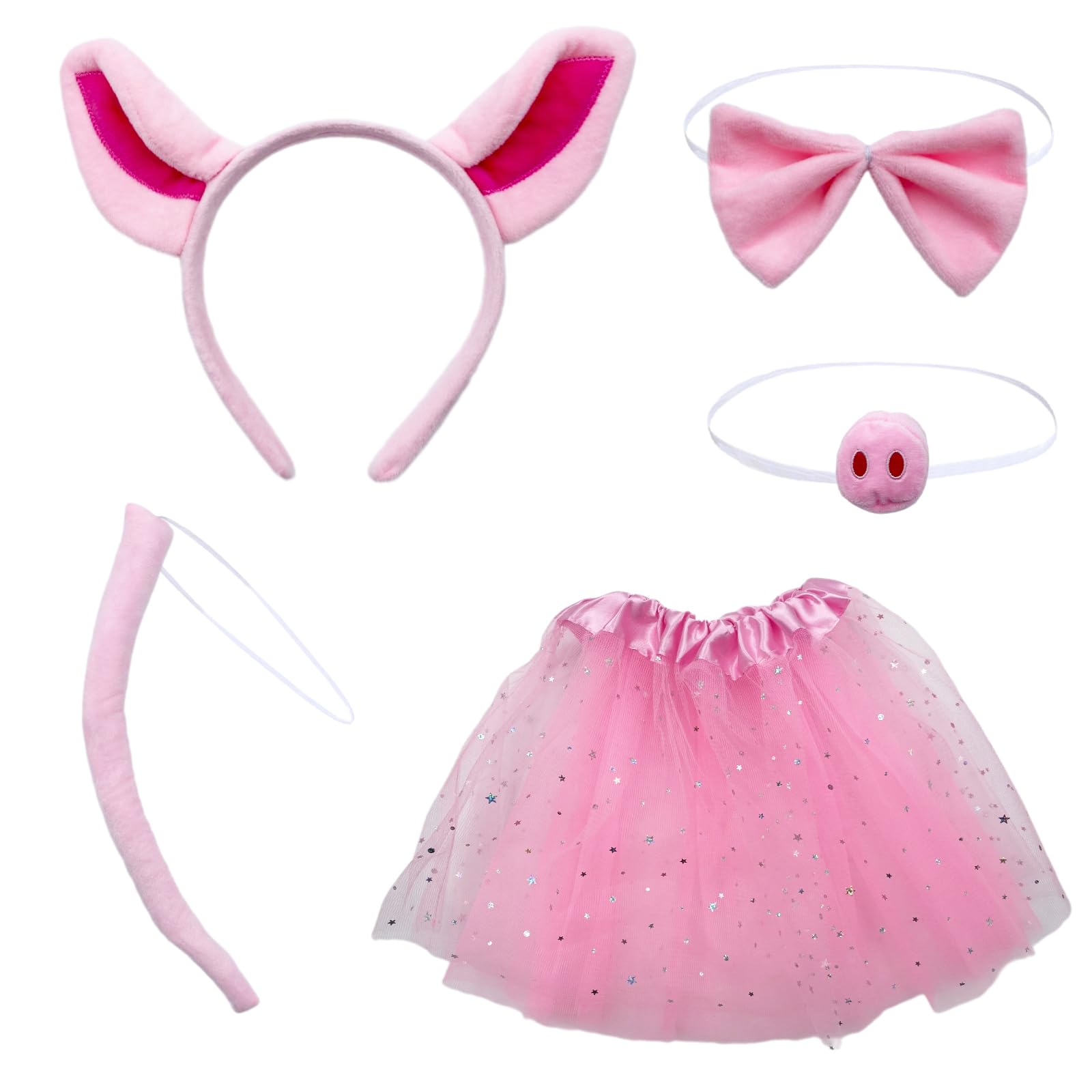 YNR Pink Pig Fancy Dress Set - Novelty Costume Accessory Kit With Ears Headband, Nose, Bow Tie, Tail, Sparkling Tutu Skirt for Parties 5PCS