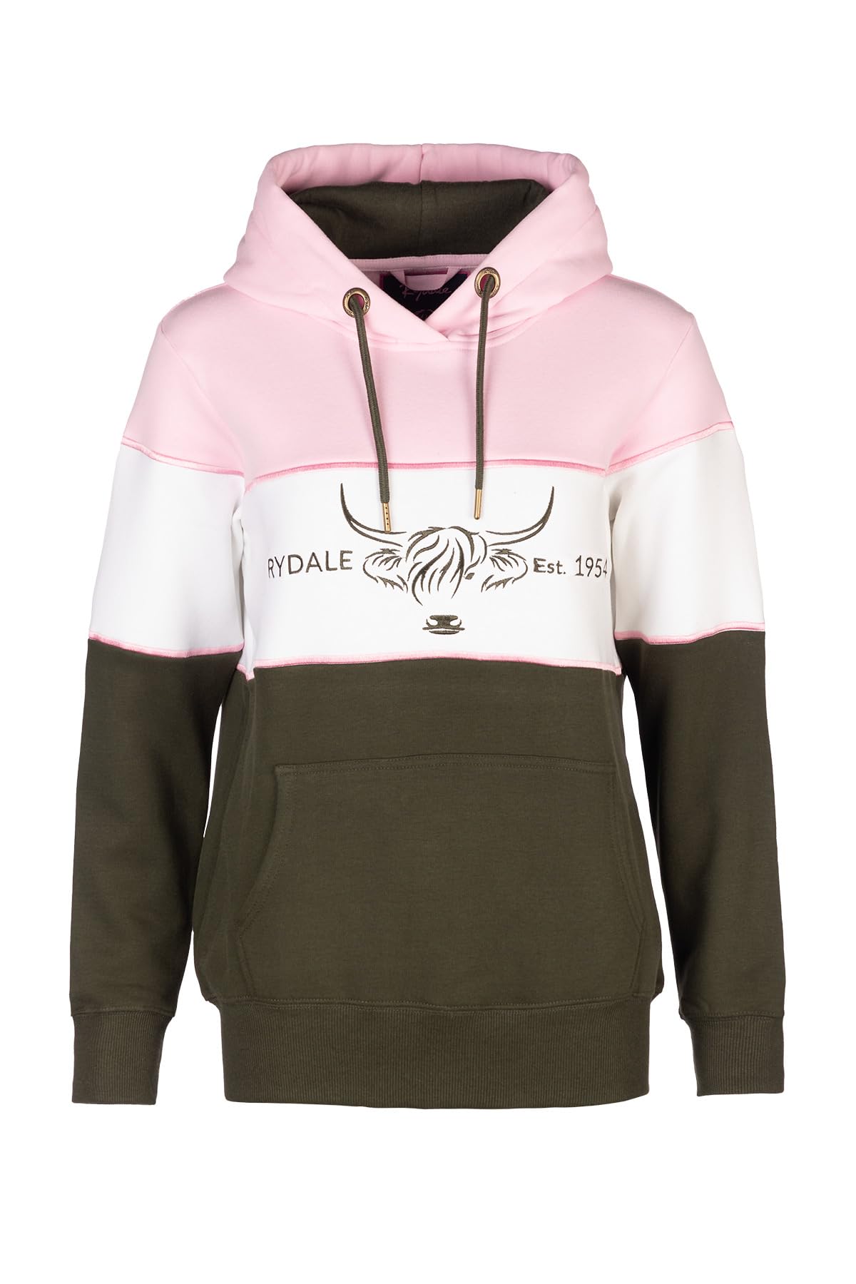 Rydale Women's Cow Sorbet/White/Olive Overhead Country Hoody Highland Cow Embroidery Jumper (Uk, Numeric, 16, Regular, Regular, )